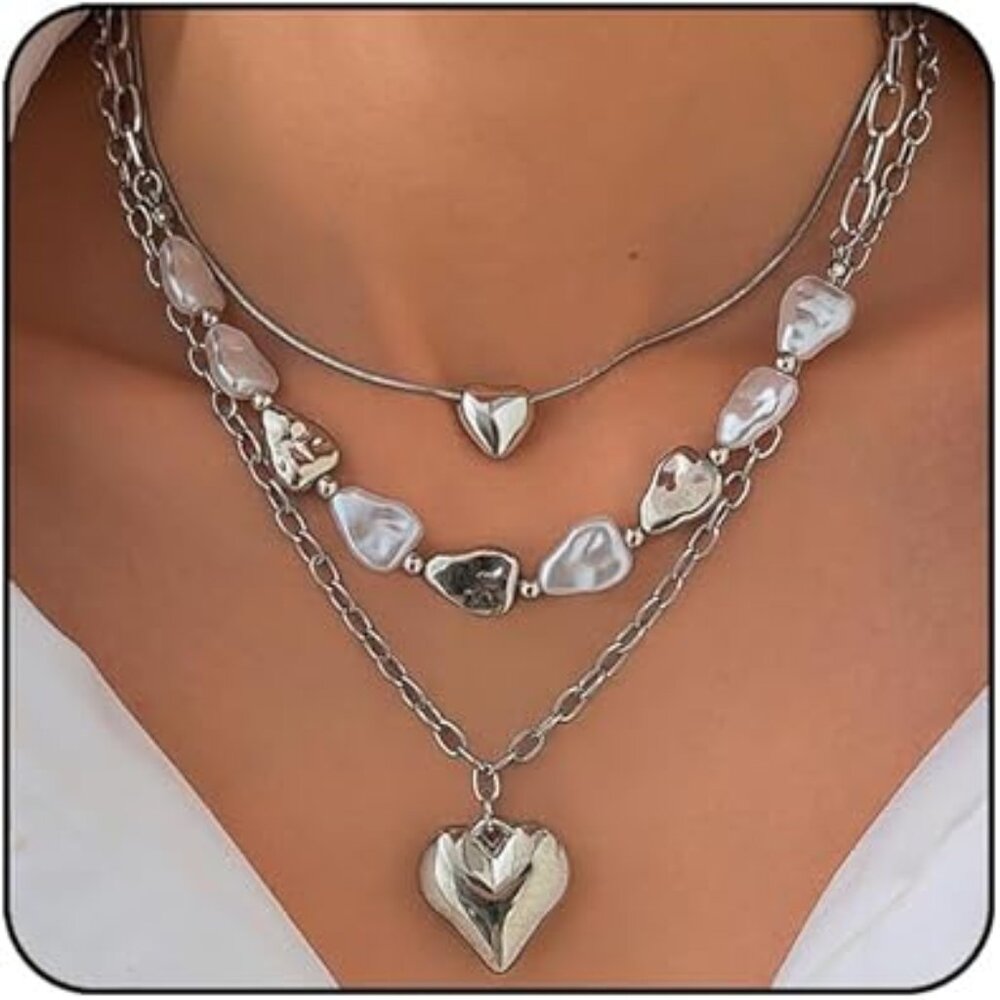 Chunky Statement Necklace Big Heart Pendant Silver‎ Layered